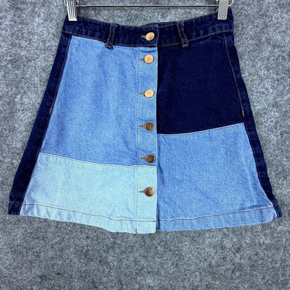 Divided Jean Skirt 4 Blue Denim Colorblock 90s Schoolgirl Button Front A-Line